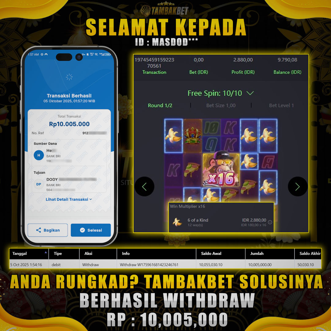 BUKTI JP MEMBER TAMBAKBET WILD APE PECAH JUTAAN RUPIAH